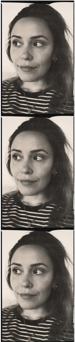 Marcela Macedo, three-frame black and white photobooth strip