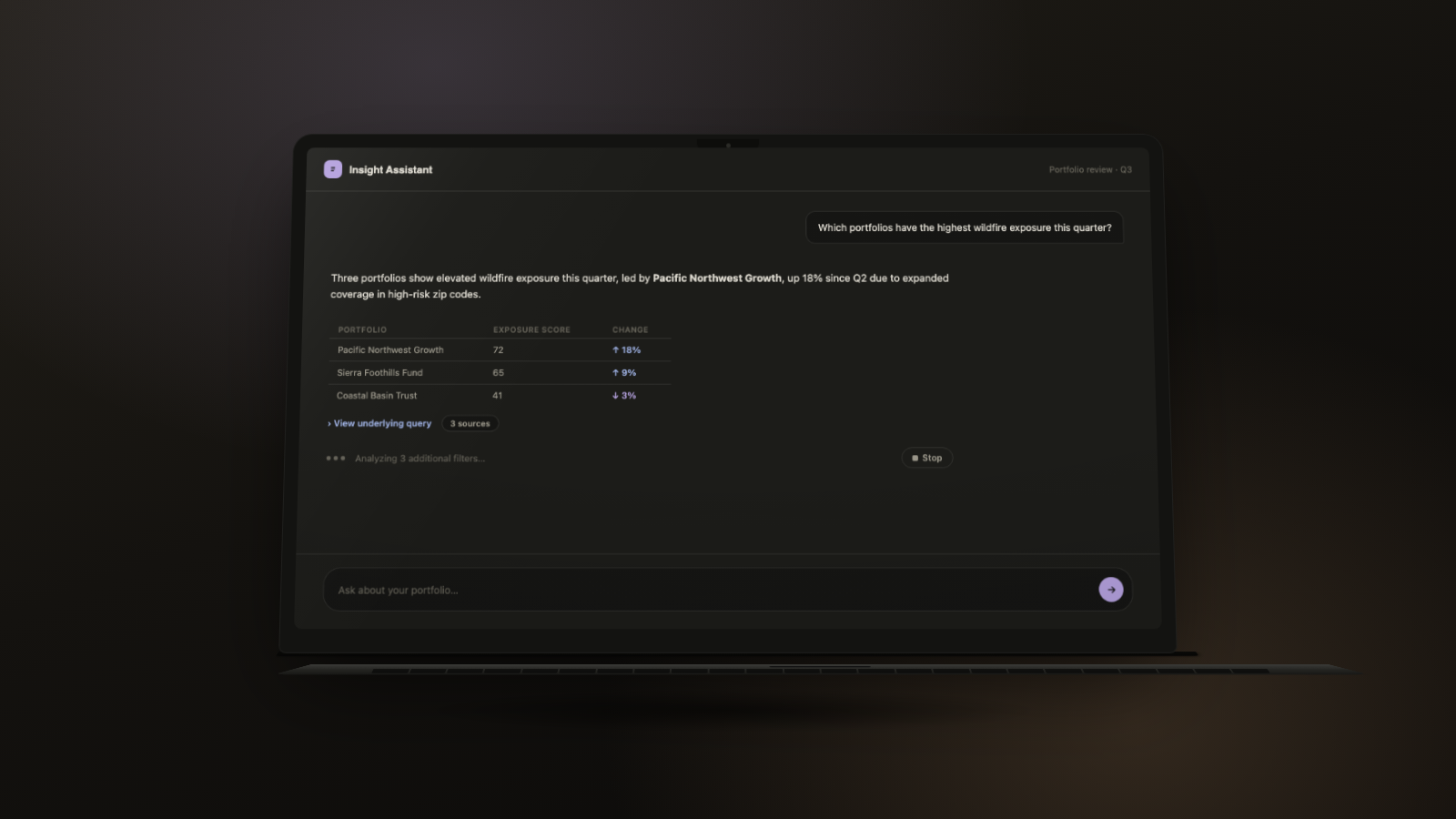 A genericized recreation of the audited chat interface, shown open on a laptop: a user question, an answer with a data table, a source count, an underlying-query disclosure link, and a visible stop control on a still-thinking response.