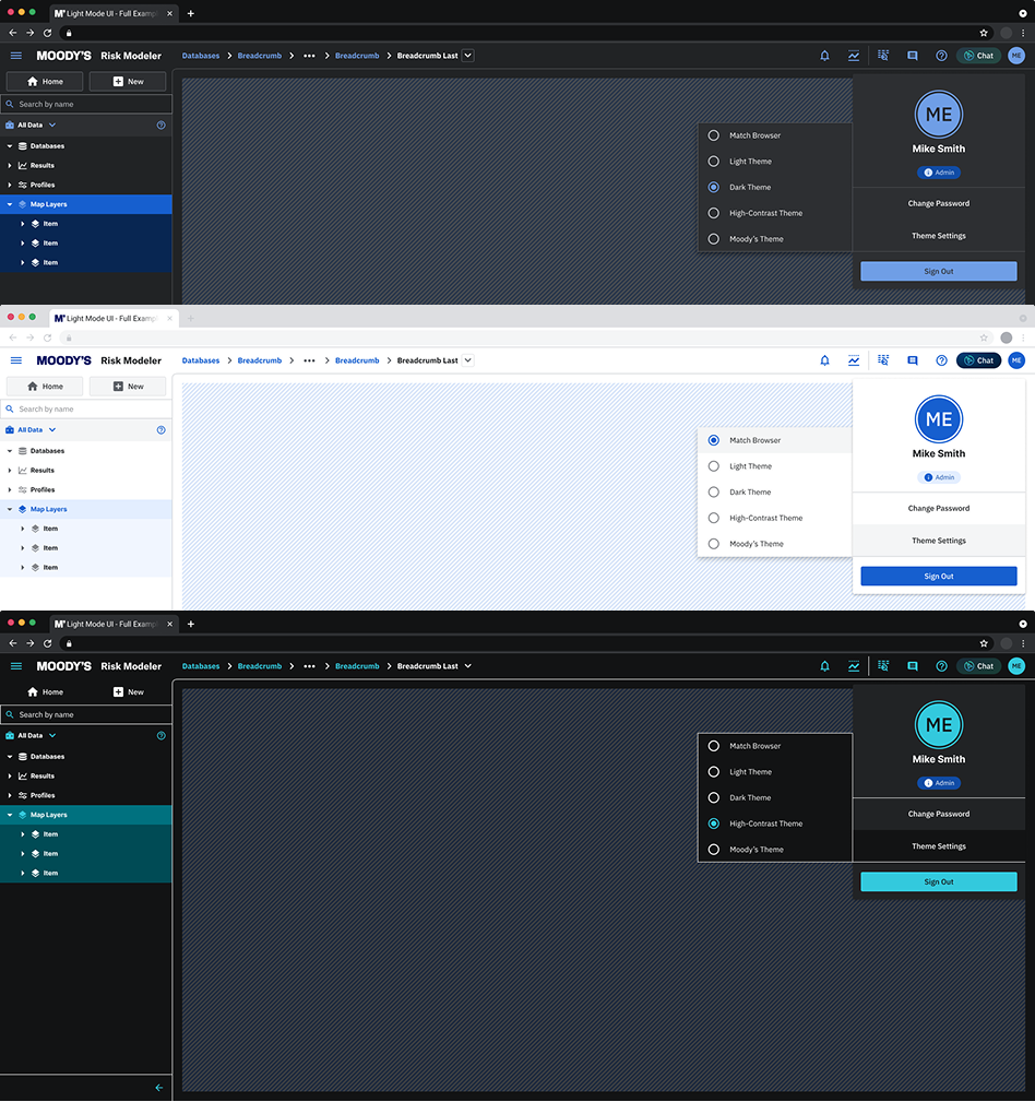 The same screen shown in Dark, Light, and High-Contrast theme via the theme settings menu