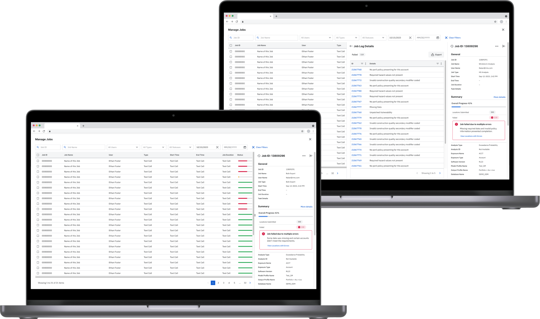 Manage Jobs and structured analysis log drawer, listing failed locations with error details and severity