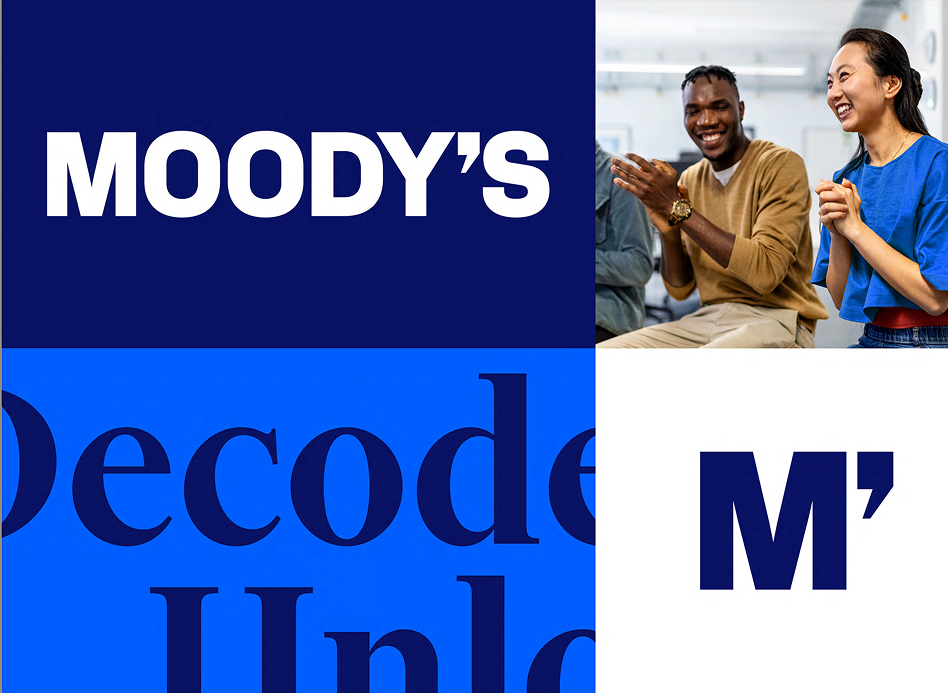 Moody's brand collage: wordmark, typography, and team photography